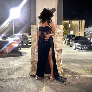 Miss Circle Priya Black Draping Corset High Slit Velvet Gown